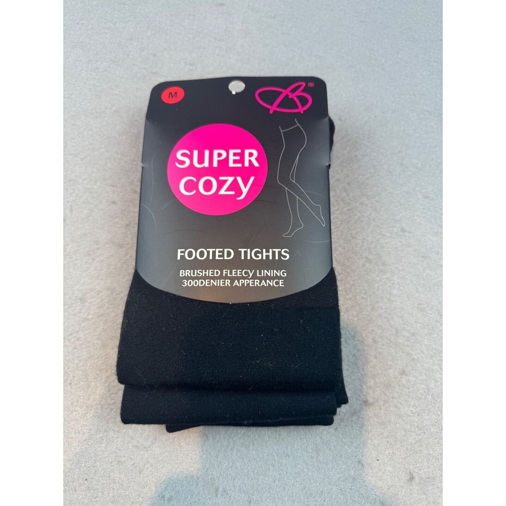 B Super Cozy Footed Tights Brushed Fleecy Lining‎ Womens Medium 300 Denier Black